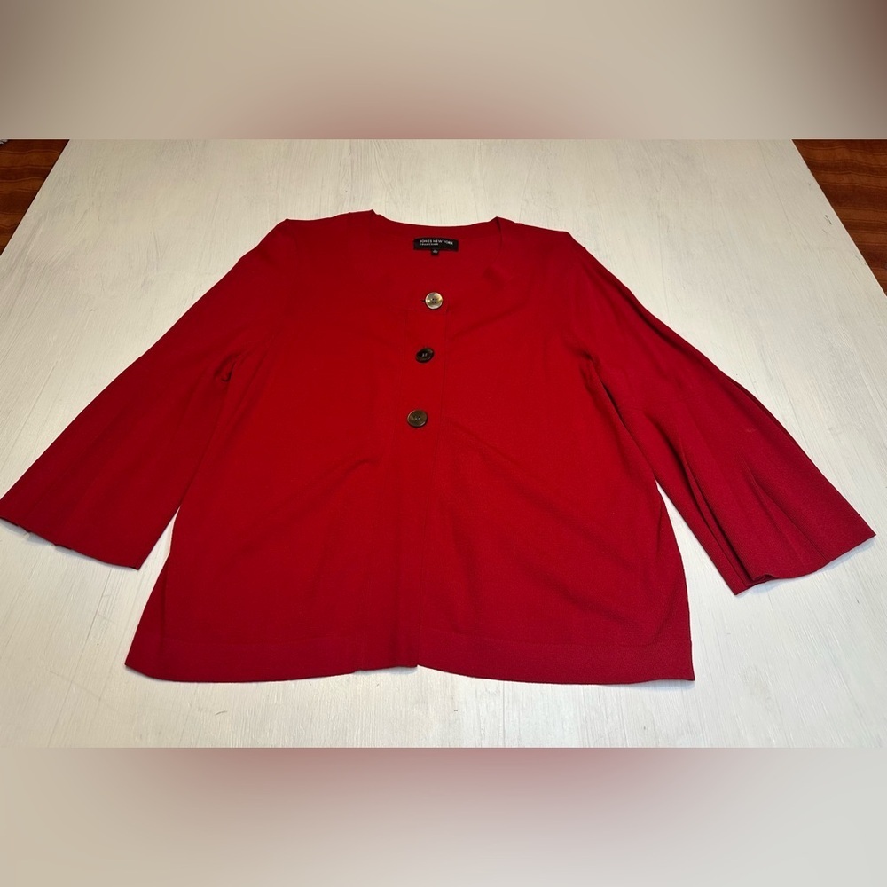 Jones New York Red Bell Sleeve Cardigan Sweater XL Button Front Knit - Picture 2 of 10